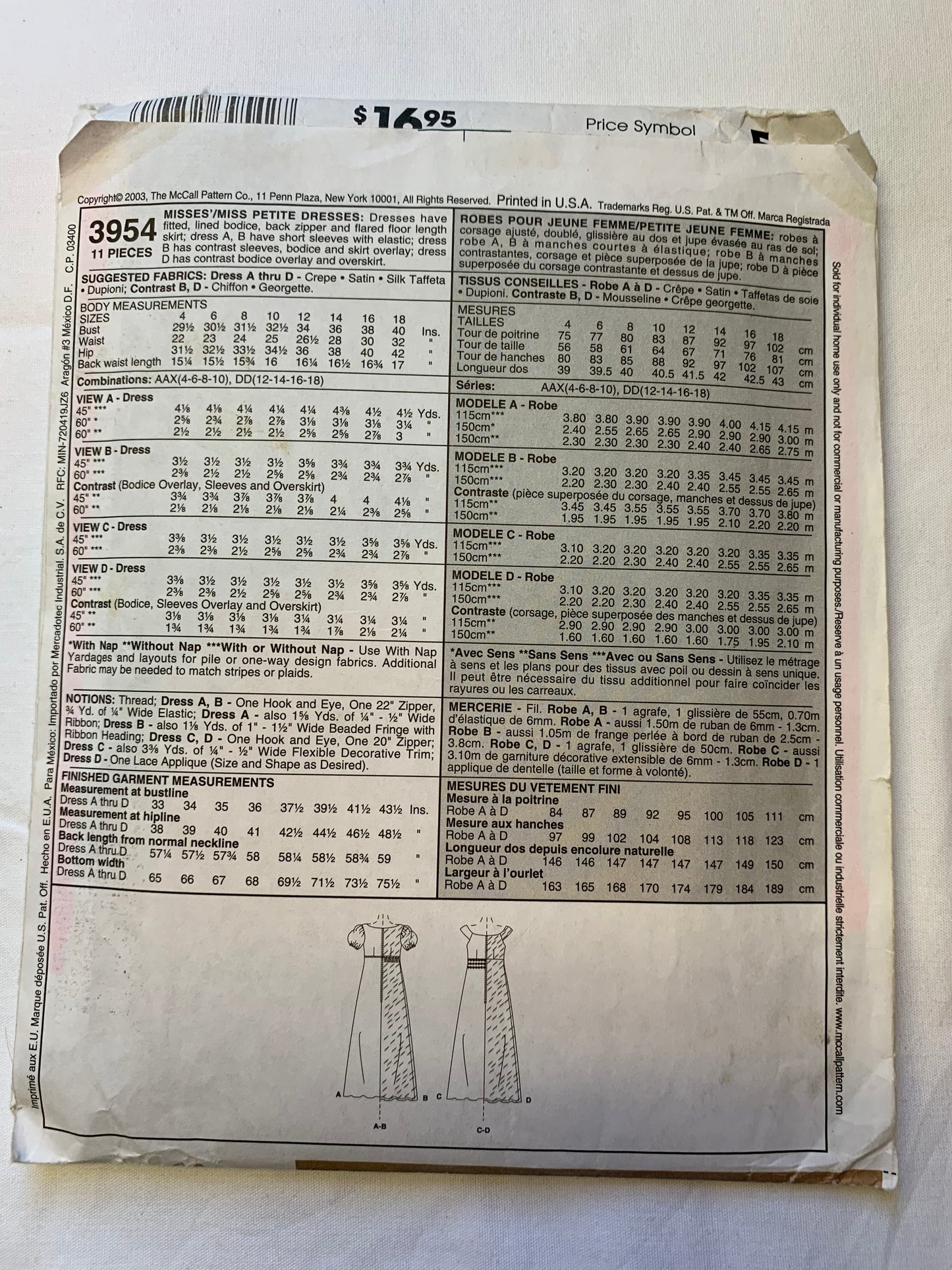 McCall's Sewing Pattern Evening Elegance 3954 Misses'/Misses' Petite Dresses, Gown, Overlay, Floor Length, Zipper, Sleeveless, Short Sleeves, Size 12-18, Cut, 2003