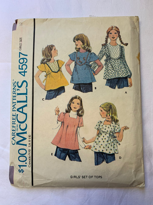McCall's Sewing Pattern 4597 Girls' Top, Zipper Back, Flared Sleeves, Long/Short Sleeves, Tie Backs, , Size 12, Cut, Vintage 1975