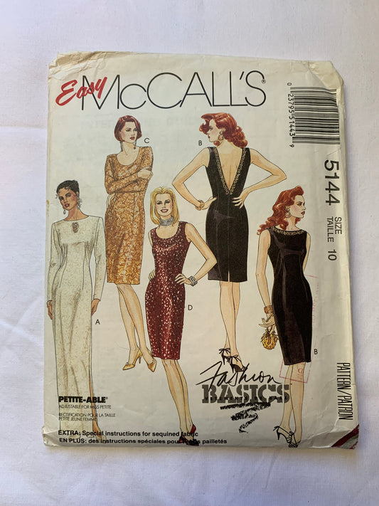 McCall's Sewing Pattern 5144 Misses' Dress, Two Lengths, Sleeveless, Long Sleeves, Evening Gown, Zipper Back, Size 10, Cut, Vintage 1990