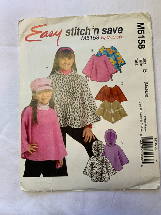 McCall's Sewing Pattern M5158 Children's/Girls' Ponchos, Pullover, Ties, 3 Variations, Hoods, Size 7-12, Cut, 2006