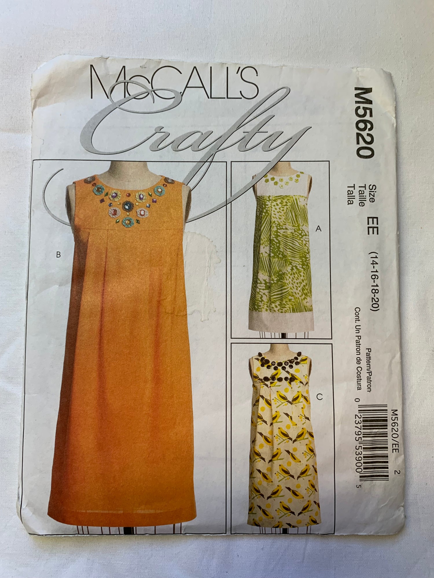 McCall's Sewing Pattern Crafty M5620 Misses'/Miss Petite Dresses, Loose-Fitting, Pleats, Pockets, 3 Variations, Size 14-20, Cut, 2008