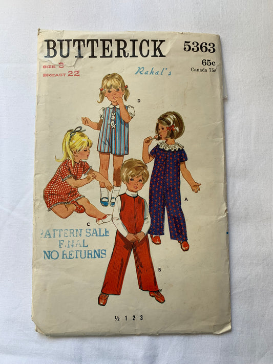 Butterick Sewing Pattern 5363 Toddlers'/Girls' Pant Dress, Pant Jumper, Two Lengths, Short Sleeves, Sleeveless, Zipper Back, Size 3, Cut, Vintage 1975