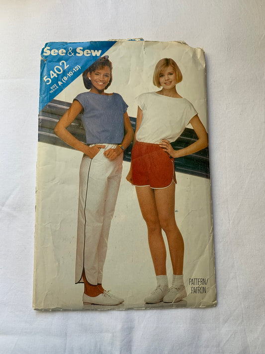 Butterick Sewing Pattern 5402 Misses' Shorts, Pants, Tapered, Pockets, Elastic Waist, Pull-On, Size 8-12, Cut, Vintage 1985