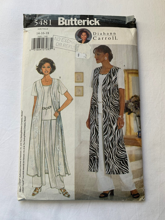 Butterick Sewing Pattern 5481 Misses'/Misses' Petite Duster, Top, Pants, Loose-Fitting, Unlined, Straight, Short Sleeves, Sleeveless, Slits, Zipper Back, Loose-Fitting, Size 14-18, Cut, Vintage 1998