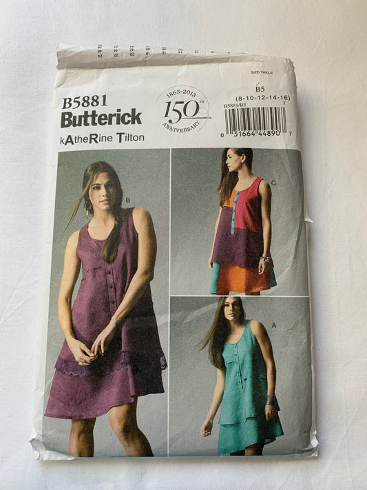 Butterick Sewing Pattern B5881 Misses' Dress, Loose-Fitting, Flared Skirt, Pullover, 3 Variations, Button Front, Size 8-12, Cut, 2013