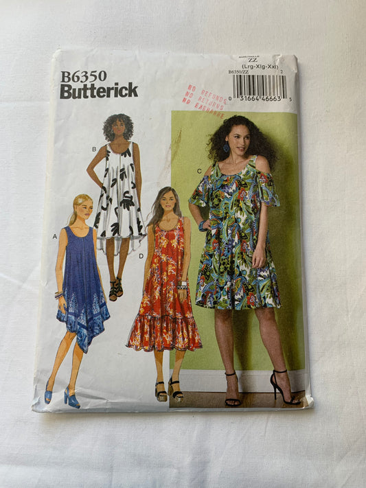 Butterick Sewing Pattern B6350 Misses' Dress, Loose-Fitting, Flared Skirt, Pullover, 4 Variations, Scoop Neckline, Pockets, Size 16-26, Cut, 2016