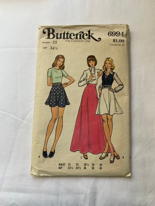Butterick Sewing Pattern 6994 Misses' Skirt, Flared, Gored, 3 Lengths, Side Zipper, 25 Waist, Cut, Vintage 1994
