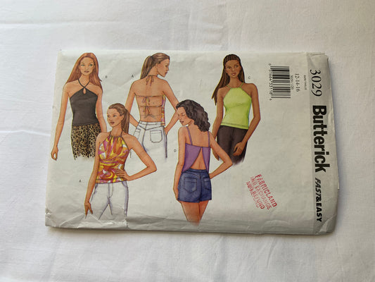 Butterick Sewing Pattern 3029 Misses'/Misses' Petite Top, Close-Fitting, Sleeveless, Shoulder Straps, Halter Top, Elastic Back, 4 Variations, Pullover, Size 12-16, Cut, 2001
