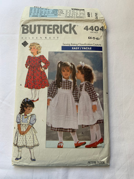 Butterick Sewing Pattern 4404 Toddlers'/Girls' Dress, Pinafore, Two Lengths, Collar, Semi-Fitted, Dirndl Skirt, Ruffles, Zipper, Tie Ends, Size 4-6, Cut, Vintage 1989