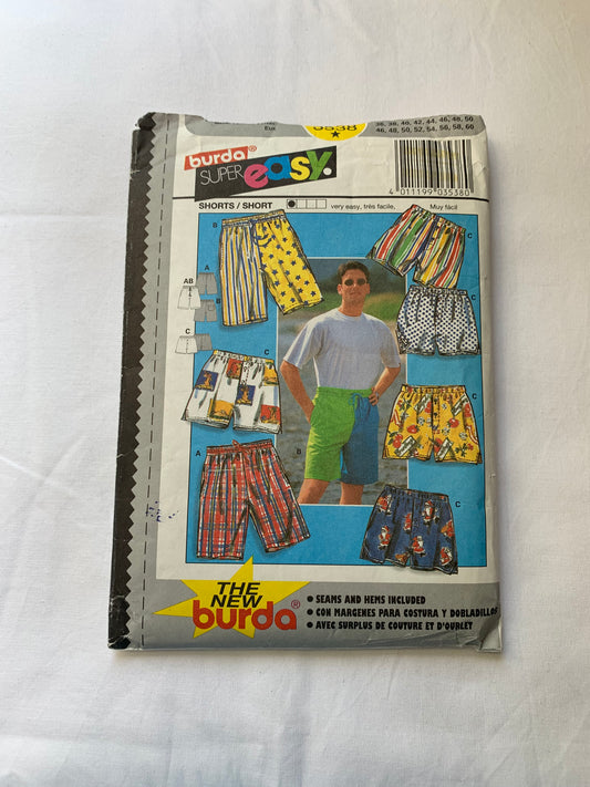 Burda Sewing Pattern 3538 Mens' Shorts, Semi-Fitted, 3 Variations, 3 Lengths, Pockets, Elastic Waist, Button Front, Drawstring, Size 36-50, Cut, 2006