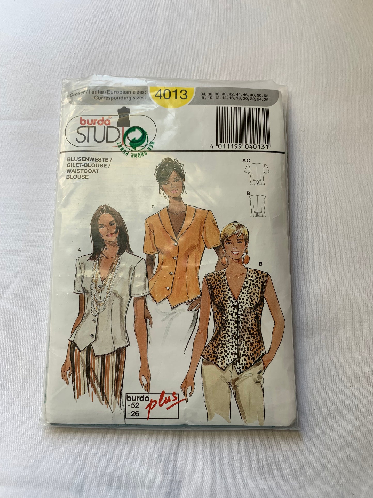 Burda Sewing Pattern 4013 Misses' Tops, Shirt, Shoulder Pads, Button Front, Collar, 3 Variations, Short Sleeves, Sleeveless, Fitted, Darts, Size 8-24, Cut, 2000