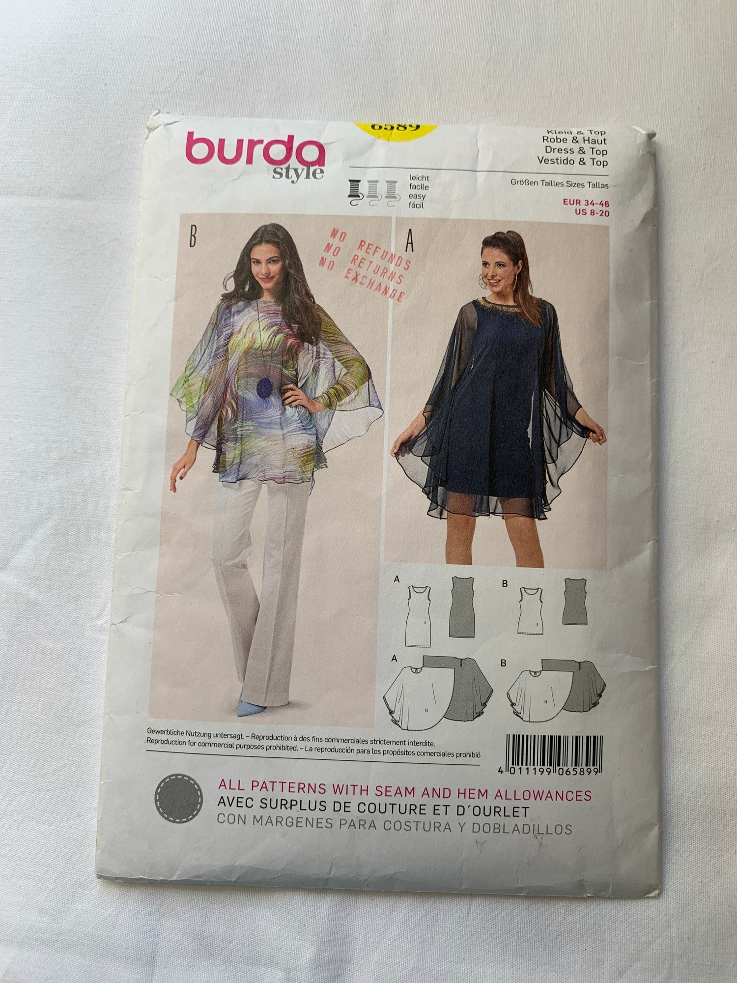 Burda Sewing Pattern 6589 Misses' Dress, Top, Sleeveless, Close-Fitting, Cape, Size 8-20, Uncut, 2000