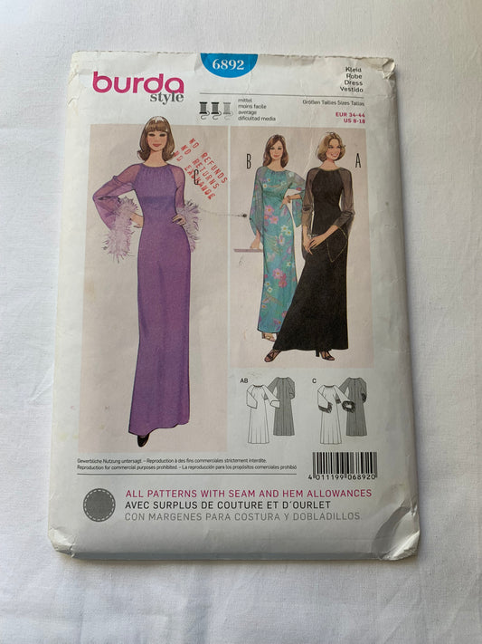 Burda Sewing Pattern 6892 Misses' Dress, Long Sleeves, Semi-Fitted, Zipper Back, Floor Length, 3 Variations, Round Neckline, Size 8-18, Cut, 2000