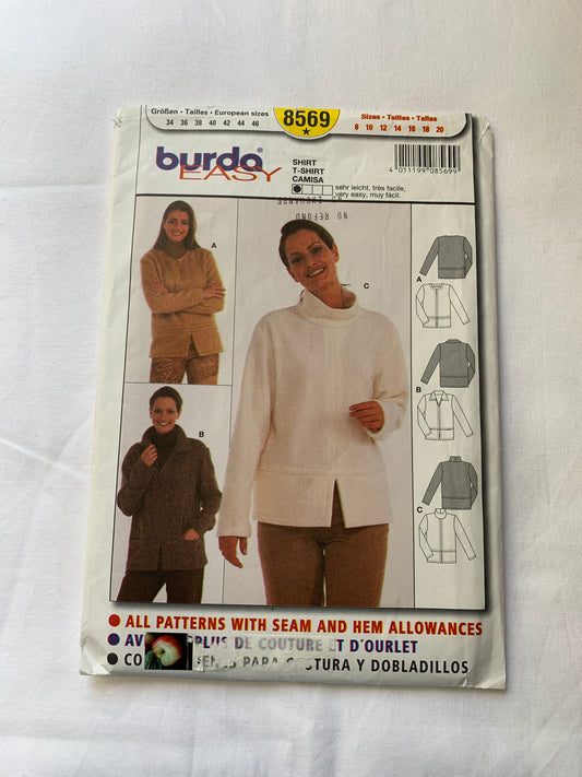 Burda Sewing Pattern 8569 Misses' Shirt, Loose-Fitting, Long Sleeves, Zipper Front, 3 Variations, Collar, Size 8-12, Cut, 2000