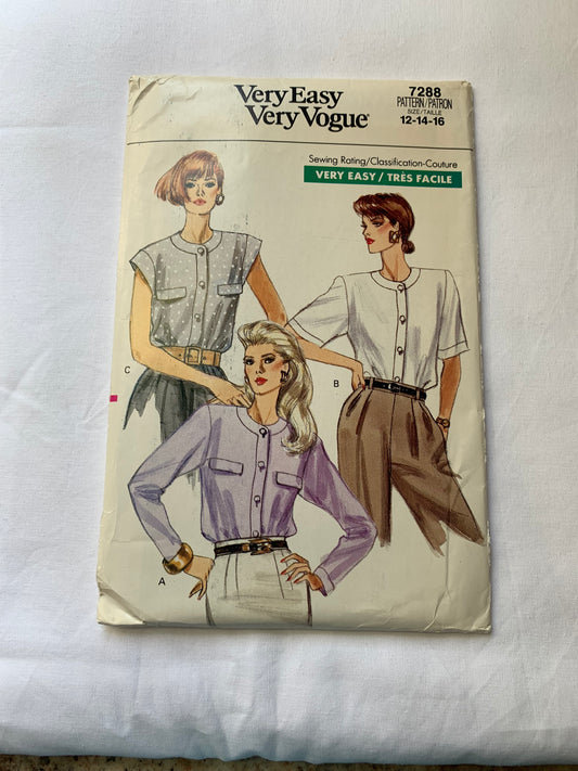 Vogue Sewing Pattern 7288 Misses'/Misses' Petite Blouse, Top, Loose-Fitting, Long/Short Sleeves, Shoulder Pads, 3 Variations, Cut, Size 14-16, Vintage 1988