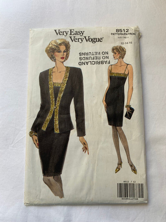 Vogue Sewing Pattern 8512 Misses'/Misses' Petite Jacket, Dress, Sleeveless, Long Sleeves, Shoulder Straps, Close-Fitting, Size 12-16, Cut, Vintage 1993