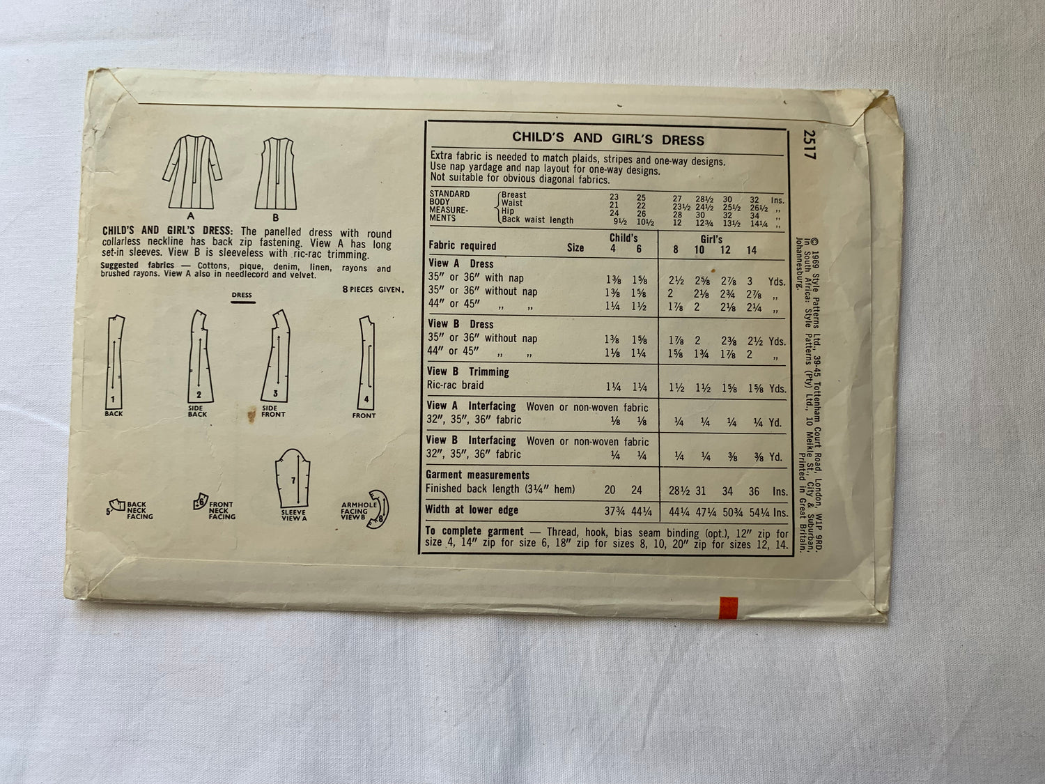 Style Sewing Pattern 2517 Girls' Dress, Zipper Back, Long Sleeves, Sleeveless, Size 12, Cut, Vintage 1969
