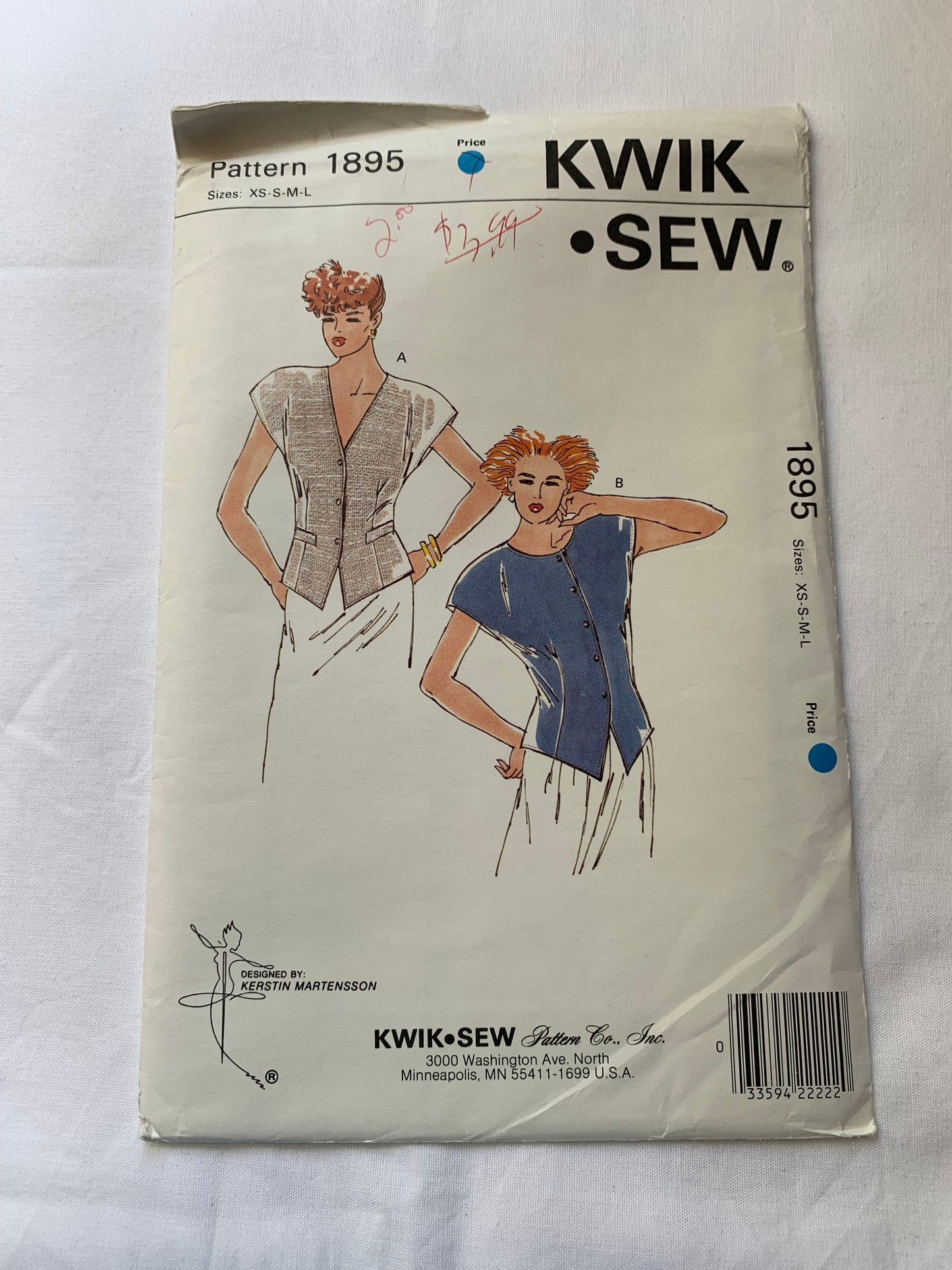 KWIK Sewing Pattern 1895 Misses' Sleeveless Jacket, Vest, Darts, Button Front, Semi-Fitted, Shoulder Pads, Various Necklines, Size XS-L, Cut, Vintage 1989