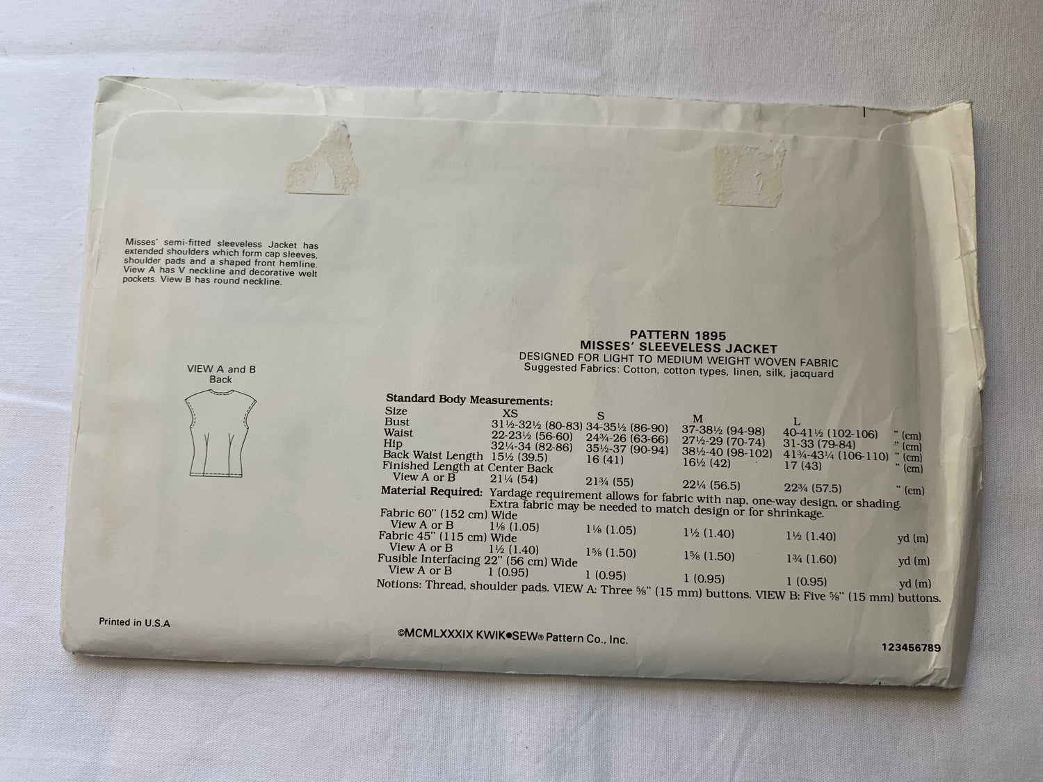 KWIK Sewing Pattern 1895 Misses' Sleeveless Jacket, Vest, Darts, Button Front, Semi-Fitted, Shoulder Pads, Various Necklines, Size XS-L, Cut, Vintage 1989