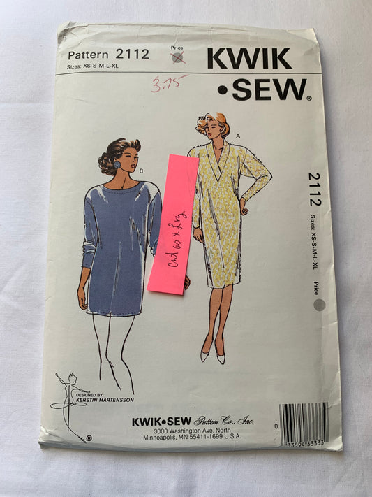 KWIK Sewing Pattern 2112 Misses' Dress, Tunic, Stretch Knit Only, Pull-Over, Shoulder Pads, Long Sleeves, V-Neckline, Size XS-L, Cut, Vintage 1991