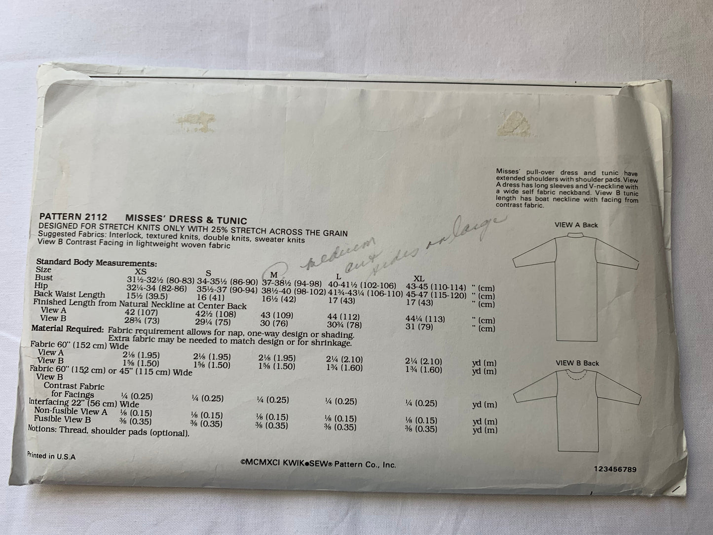 KWIK Sewing Pattern 2112 Misses' Dress, Tunic, Stretch Knit Only, Pull-Over, Shoulder Pads, Long Sleeves, V-Neckline, Size XS-L, Cut, Vintage 1991