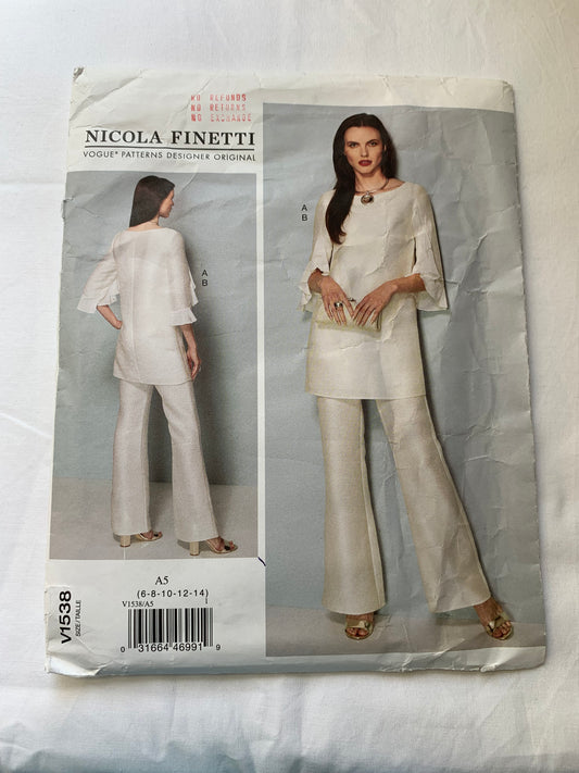 Vogue Sewing Pattern V1538 Misses' Tunic, Jumpsuit, Semi-Fitted, Pull-Over, Ruffles, Side Zipper, Size 6-14, Cut, 2017