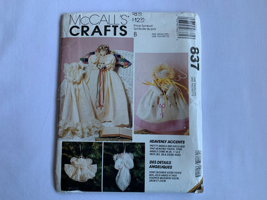 McCall's Sewing Pattern 837 Crafts, Victorian Christmas Angels, Dolls, Praying, Tree Ornaments, 3 sizes, Uncut, Vintage 1993