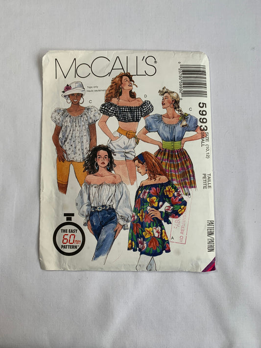 McCall's Sewing Pattern 5993 Misses' Tops, Three Lengths, Long/Short Sleeves, Elastic Neckline, Blouses, Ruffles, Size 10-12, Uncut, Vintage 1992
