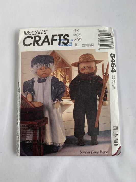 McCall's Sewing Pattern 5464 Grandpat and Grandma Dolls, Clothes, Overalls, Shirt, Hat, Apron, Pantaloons, Uncut, Vintage 1991