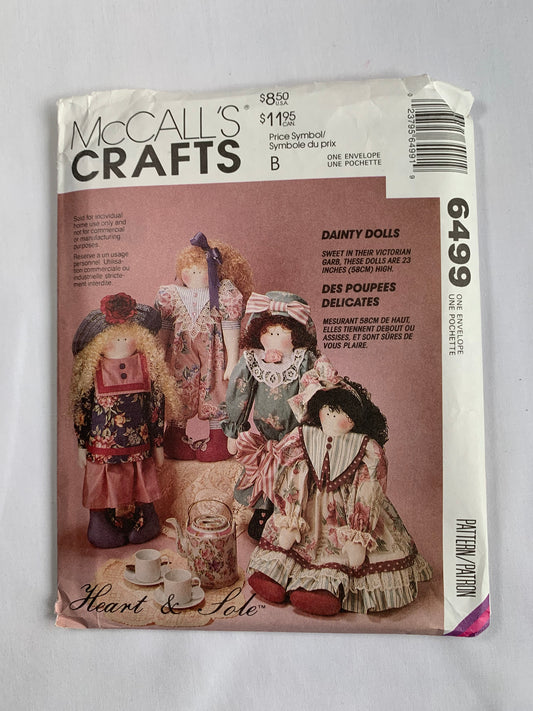 McCall's Sewing Pattern 6499 23 Inch Dainty Dolls, 4 Variations, Wardrobe, Dress, Hat, Show Bow, Jumpsuit, Slip, Uncut, Vintage 1993