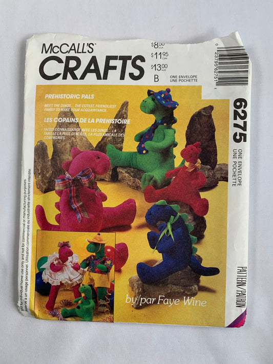 McCall's Sewing Pattern 6275 Prehistoric Pals, Dinosaur Dolls Clothes, 3 Sizes, Dinos, Stuffed, Uncut, Vintage 1992