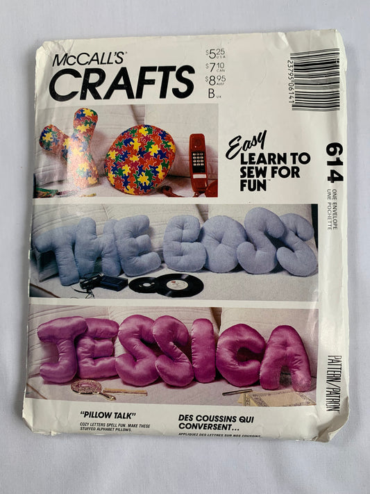McCall's Sewing Pattern 614 Crafts, Stuffed Alphabet Pillows, 13" High, Uncut, Vintage 1988