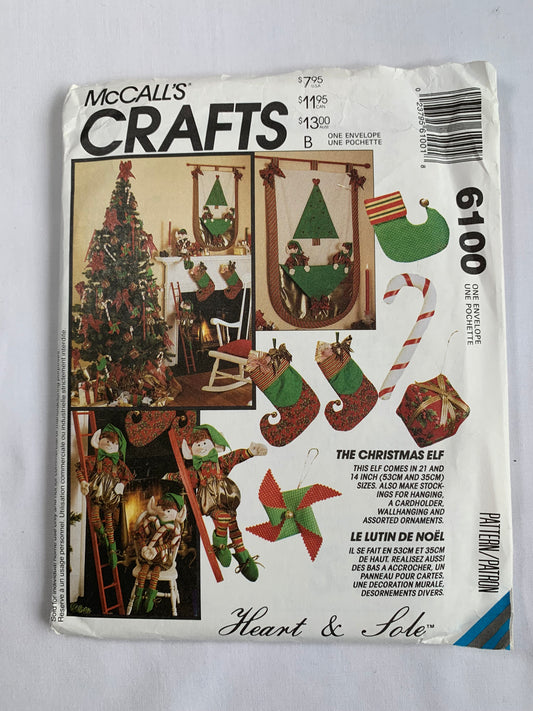 McCall's Sewing Pattern 6100 Crafts, Christmas Holiday Ornaments, Stockings, Elf Hanging Cardholder, Wallhanging, Uncut, Vintage 1992