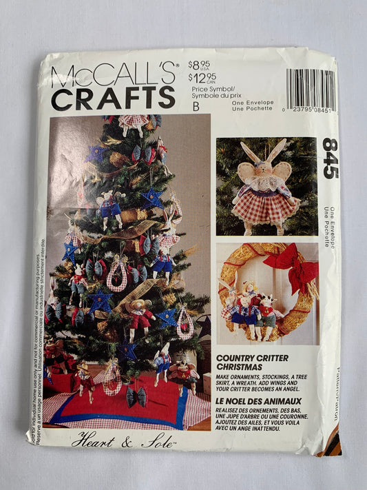 McCall's Sewing Pattern 845 Crafts, Christmas Holiday Ornaments,Stockings, Bunny, Tree Skirt, Wings, Angel, Pig, Cow, Duck, Bow, Star, Uncut, Vintage 1993
