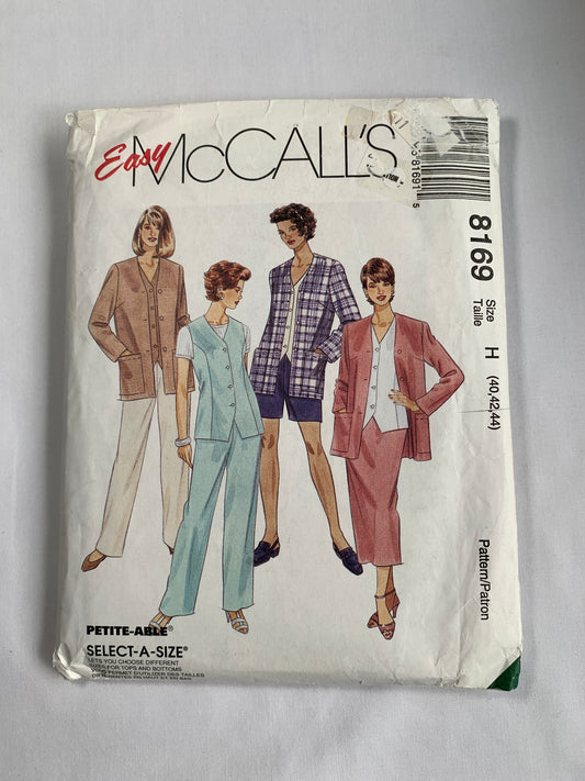 McCall's Sewing Pattern 8169 Misses' Unlined Jacket, Vest, Pull-On Pants, Shorts, Skirt, Pockets, Princess seam, Elastic Waist, Size 40-44, Uncut, Vintage 1996