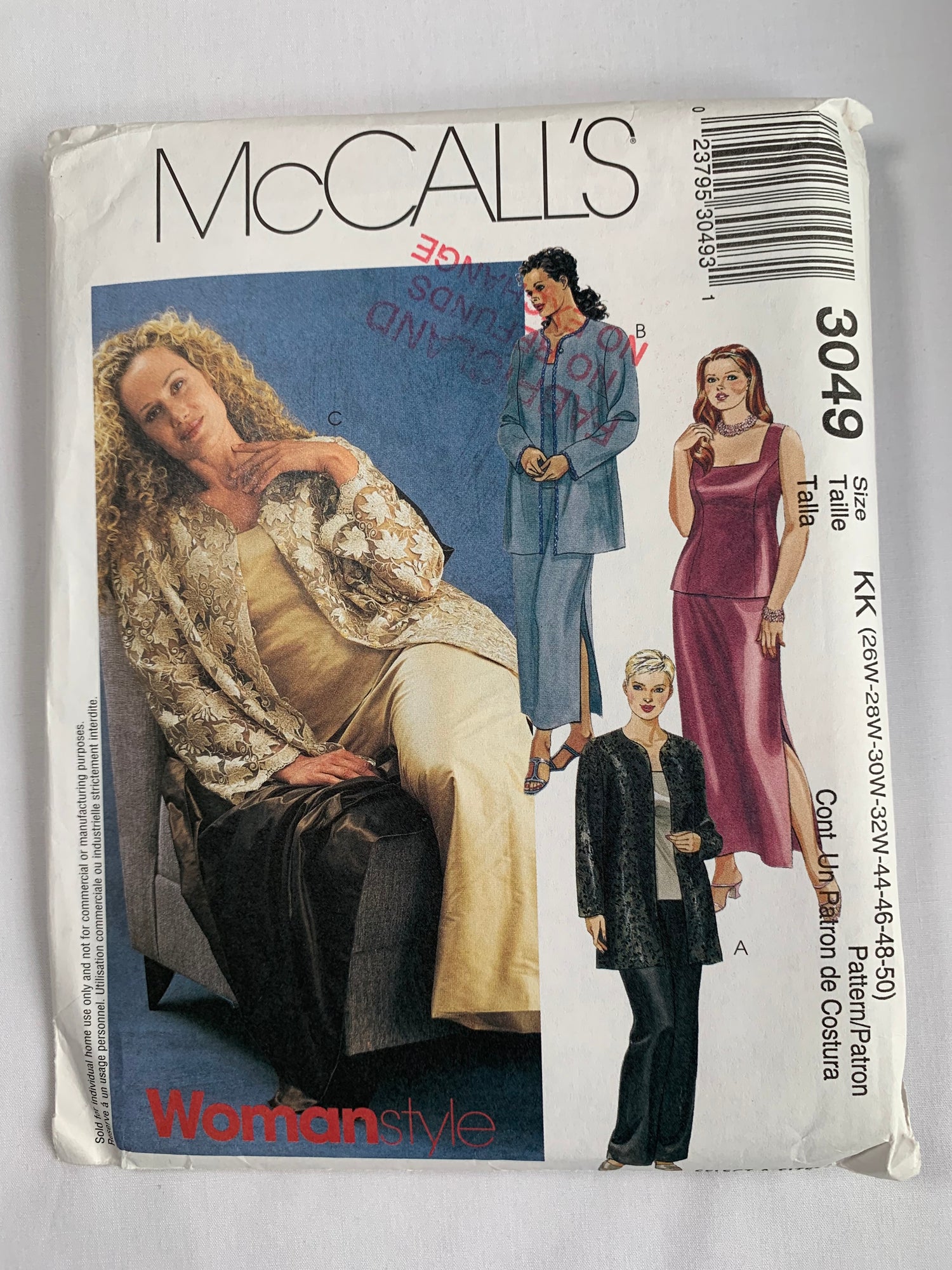 McCall's Sewing Pattern 3049 Misses'/Misses' Petite Unlined Jacket, Top, Skirt, Pants, Long Sleeves, Sleeveless, Princess Seams, Zipper Back, Button Front, Size 26W-32W, Uncut, 2000