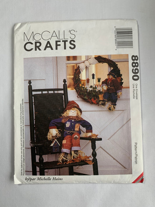 McCall's Sewing Pattern 8890 Crafts, Scarecrow, Wreath, Fall, Halloween, Cothes, Jacket, Scarf, Pants, Bow, 30" Tall, Leaves, Uncut, Vintage 1997