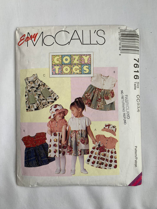 McCall's Sewing Pattern 7616 Girls' Dress, Purse, Hat, Button Front, Short Sleeves, Sleeveless, High Waist, Size 2-4, Uncut, Vintage 1996