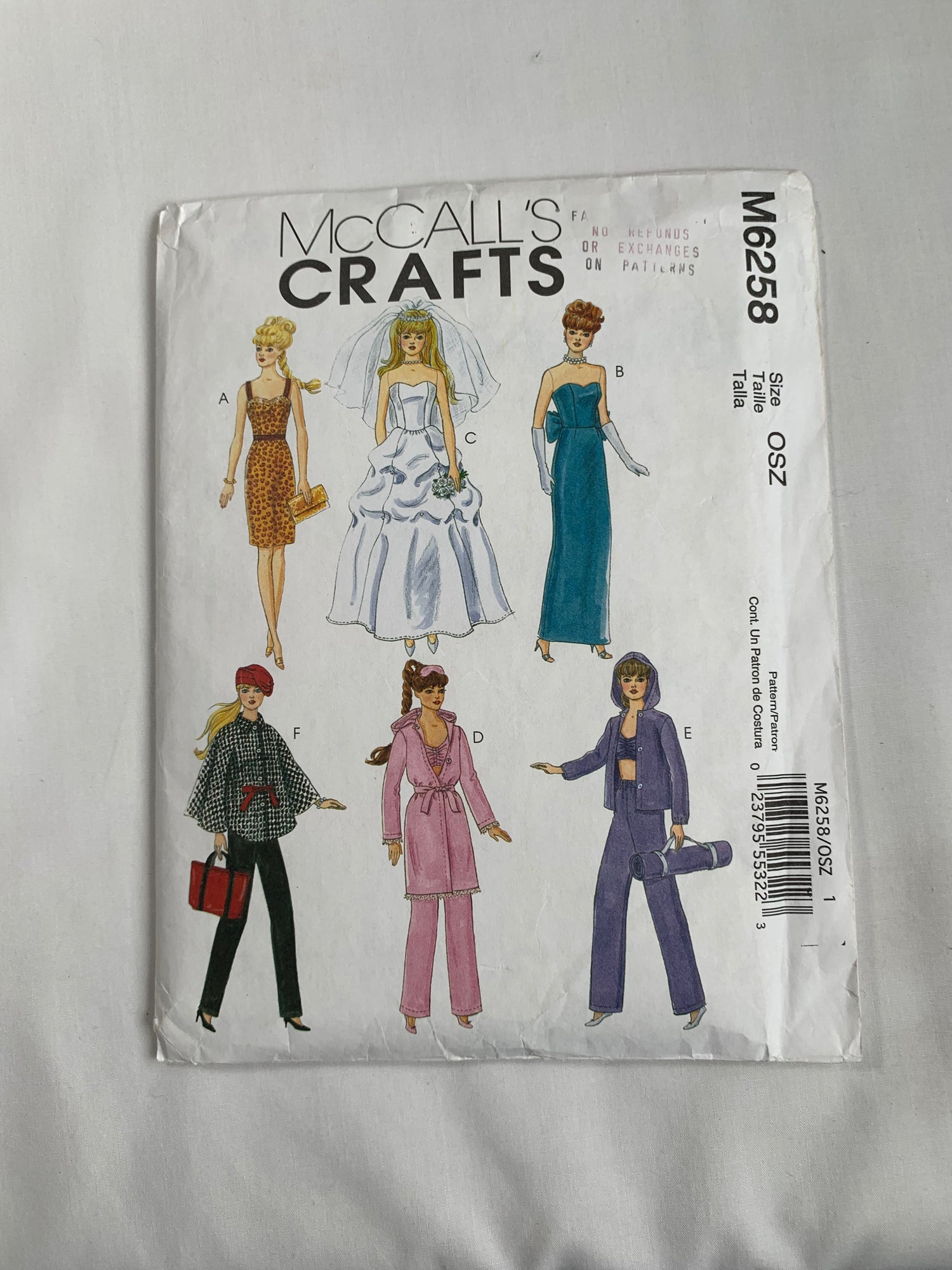 McCall's Sewing Pattern M6258 Crafts, Doll Clothes, 11-12 Inch Doll, Dress, Bride, Pants, Cape, Top, Tote, Mask, Gloves, Evening Gown, Jacket, Yoga, Uncut, 2010