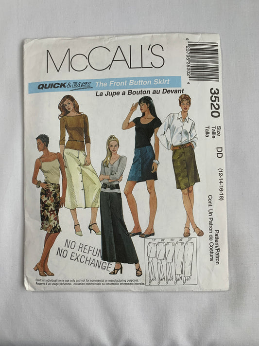 McCall's Sewing Pattern 3520 Misses' Skirt, Five Lengths, Front button, Darts, Uncut, 2002