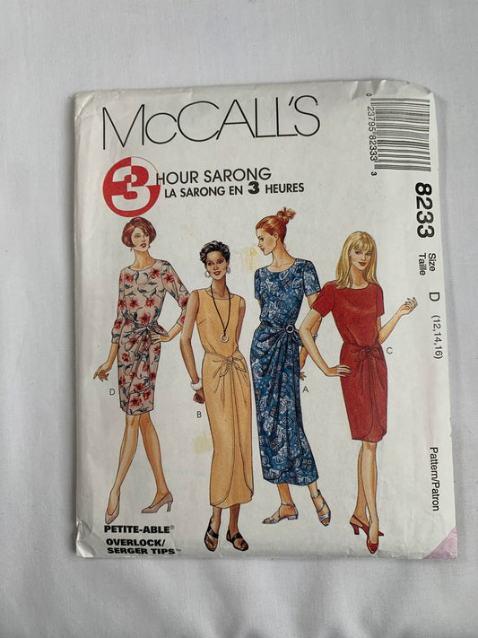 McCall's Sewing Pattern 8233 Misses' Dresses, Sarong, Two Lengths, Semi-Fitted, Zipper Back, Darts, Long/Short Sleeves, Size 12-16, Uncut, Vintage 1996