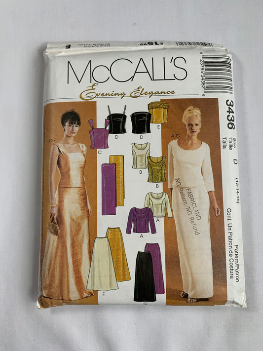McCall's Sewing Pattern 3436 Misses'/Miss Petites Lined Tops, Skirt, Stole, Zipper Back, Floor Length, Evening Gown, Elbow Sleeves, Sleeveless, Size 12-16, Uncut, 2001