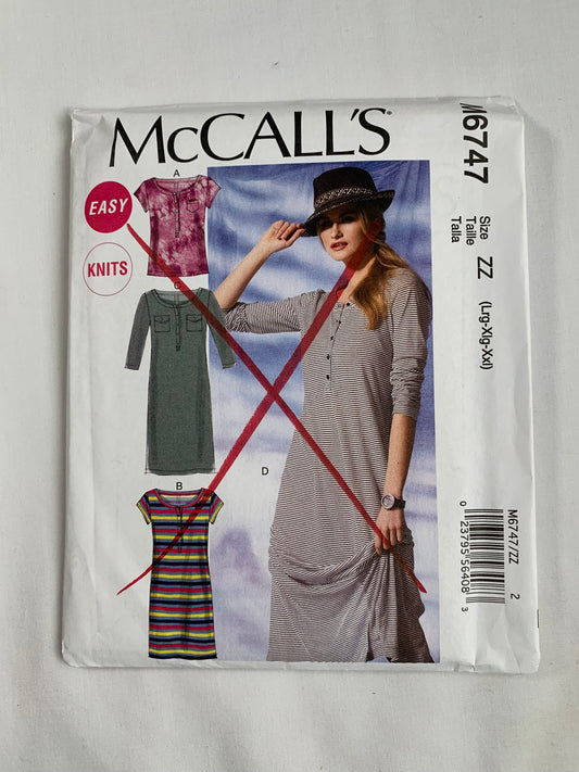 McCall's Sewing Pattern M6747 Misses' Tops, Dresses, Pullover, Close-Fitting, Button Front, Pockets, Two Lengths, Size 12-26, Uncut, 2013