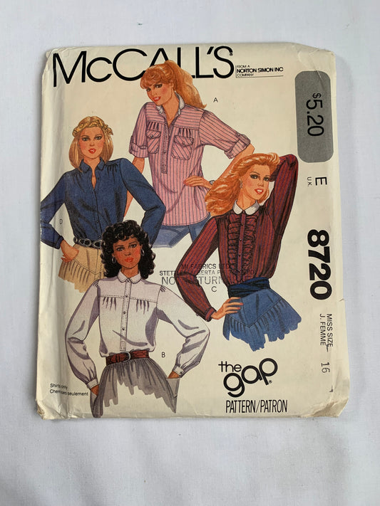 McCall's Sewing Pattern 8720 Misses' Blouse, Long/Short Sleeves, Pocket, Shirts, Button Front, Pleats, Fitted, Size 16, Uncut, Vintage 1983