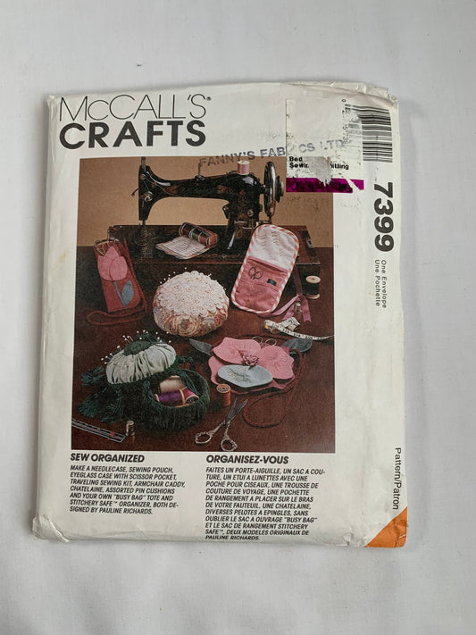 McCall's Sewing Pattern 7399 Sewing Accessories, Needlecase, Eyeglass Case, Scissor Pocket, Armchair Caddy, Uncut, Vintage 1994