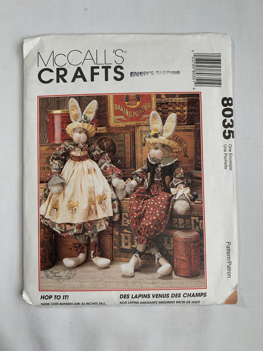 McCall's Sewing Pattern 8035 34 Inch Bunnies, Home Decor, Clothes, Shirt, Skirt, apron, ties, Vest, Legbands Uncut, Vintage 1996
