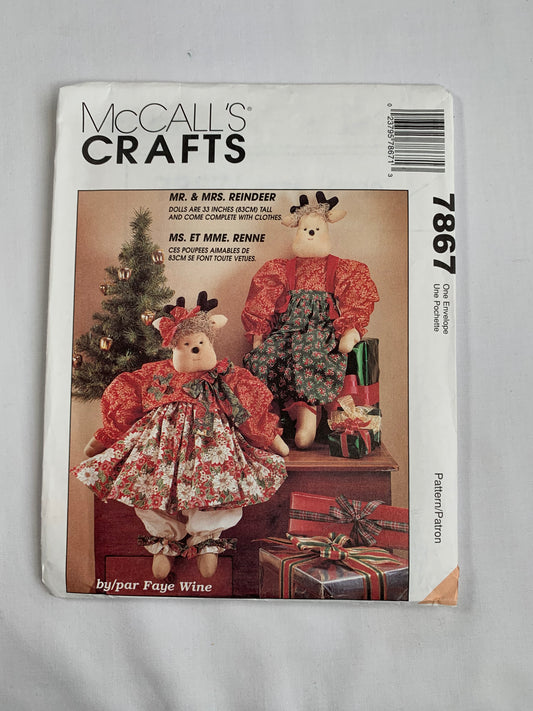 McCall's Sewing Pattern 7867 Mr. & Mrs. Reindeer, Dolls, 32 Inches Tall, Clothes, Skirt, Top, Bloomers, Bow, Pants, Suspenders, Uncut, Vintage 1995