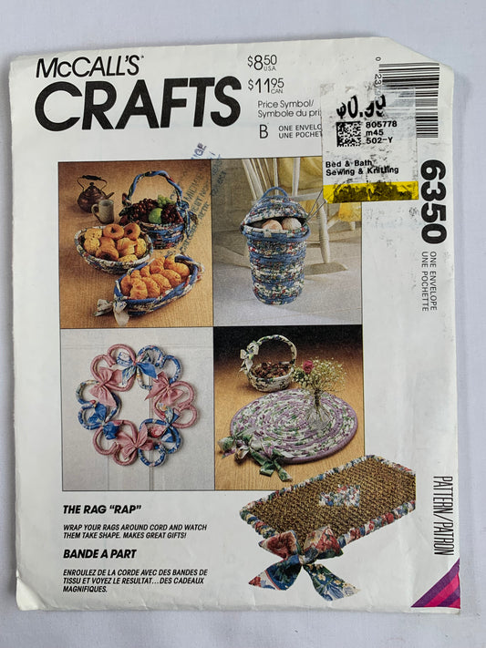 McCall's Sewing Pattern 6350 Crafts, The Rag Rap, Heart Wreath, Oval Basket, Bread Basket, Welcome Mat, Placemat, Uncut, Vintage 1993