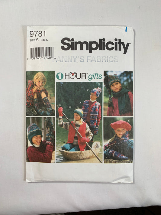 Simplicity Sewing Pattern 9781 Boys' Girls' Hats, Scarf, Boots, Mitts, Vest, Size 4-14, Uncut, Vintage 1996