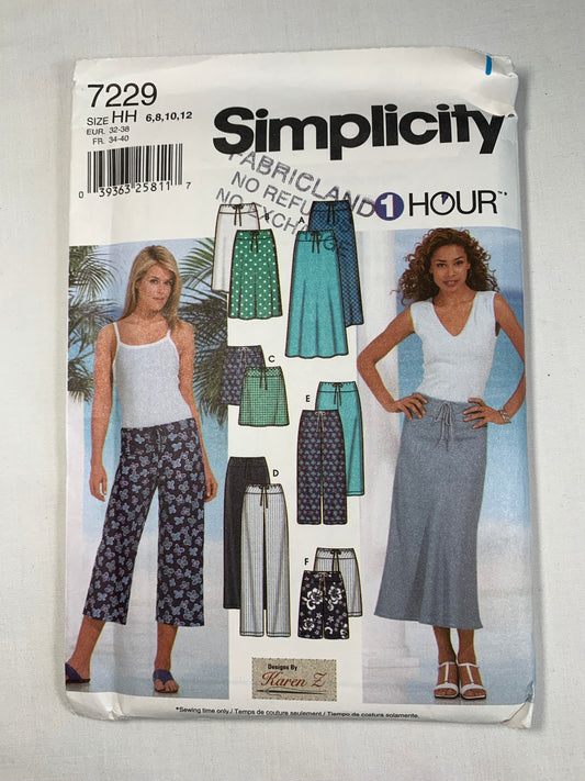 Simplicity Sewing Pattern 7229 Misses' Skirt, Pants, Straight, Three Lengths, Drawstring, Pull-On, Ladies, Size 6-12, Uncut, 2002